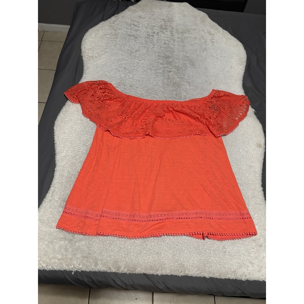 Lane Bryant Womens 22/24 Top Coral Crochet Lace Ruffle Off Shoulder Boho Tunic